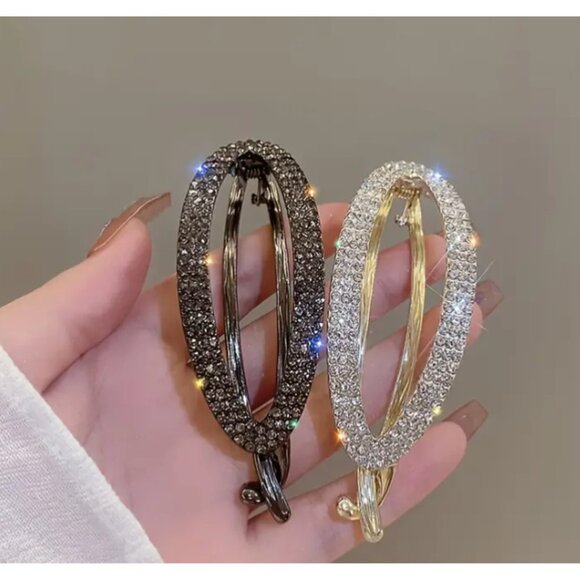 Set of 2 Black & Gold Oval Rhinestone Hair Claw Clips – Elegant & Secure Hold - Picture 2 of 7